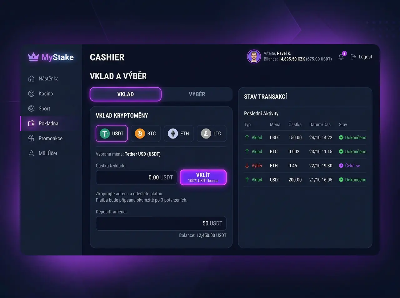 Platební metody — krypto vklad na mystake